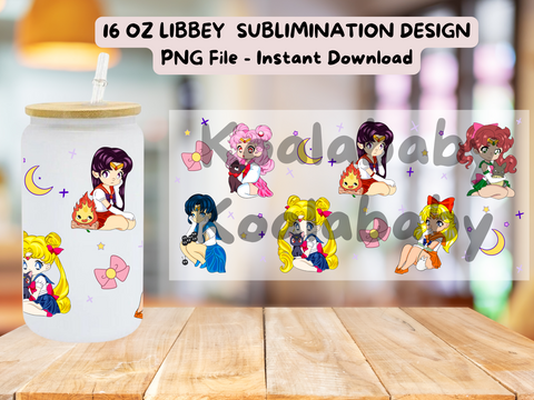 Sailor Scout 16oz Libbey glass can wrap, PNG, Download, anime, Cartoon, Chibi, Kawaii, sublimation, UV DTF Magical Girls