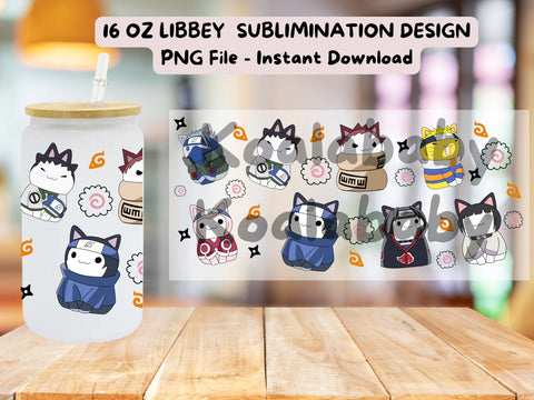 Anime Kawaii Cat Nekko Ninja  16oz Libbey glass can wrap, PNG, Download, anime, Cartoon, Chibi, Kawaii, sublimation, UV DTF, Christmas