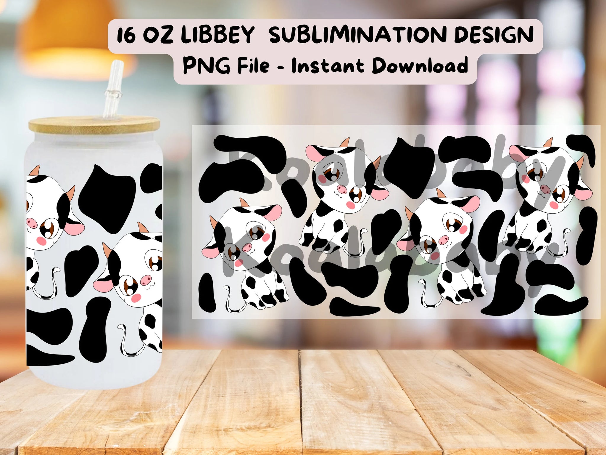 Anime Kawaii Cow Nekko Cow Print 16oz Libbey glass can wrap, PNG, Download, anime, Cartoon, Chibi, Kawaii, sublimation, UV DTF, Christmas