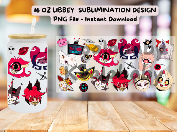 Hazbin Hotel 16oz Libbey glass can wrap, PNG, Download, anime, Cartoon, Chibi, Kawaii, sublimation, UV DTF, Spooky Season, Alastor